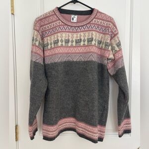 Tejidos Aly Marka Alpaca Llama Wool Gray and Pink Patterned Sweater
